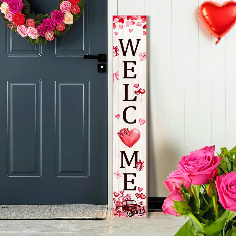 Seimip Valentines Day Porch Sign Love Heart Welcome Sign For Front Door Pink Valentines Decor Porch Sign Outdoor Yard Sign Home Indoor Wooden Vertical Sign Wall Sign For Front Patio Garden Porch - Image 1